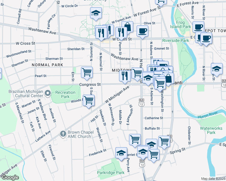 map of restaurants, bars, coffee shops, grocery stores, and more near 706 West Michigan Avenue in Ypsilanti