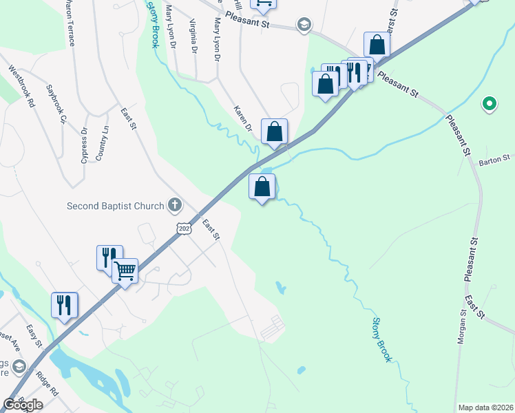 map of restaurants, bars, coffee shops, grocery stores, and more near 6 West State Street in Granby