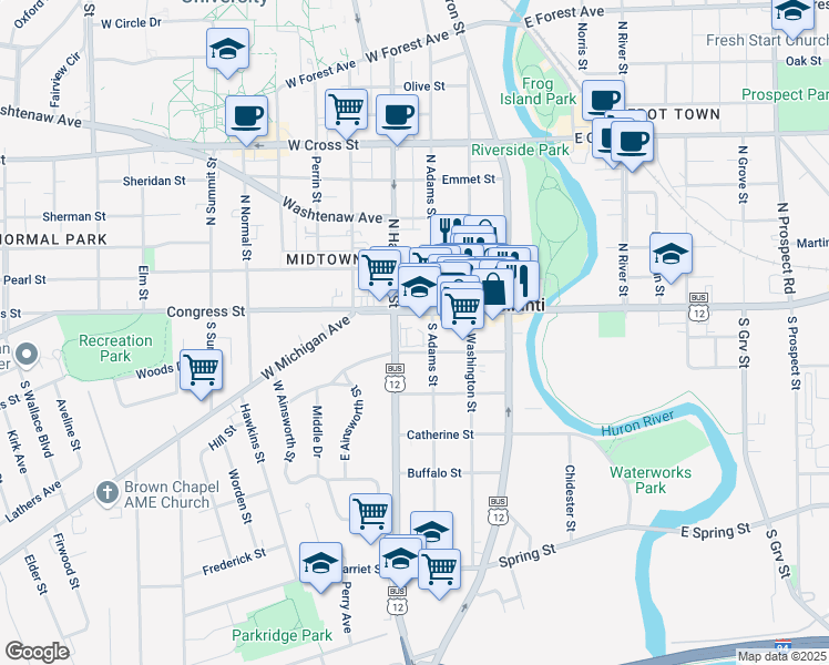 map of restaurants, bars, coffee shops, grocery stores, and more near 218 Ferris Street in Ypsilanti