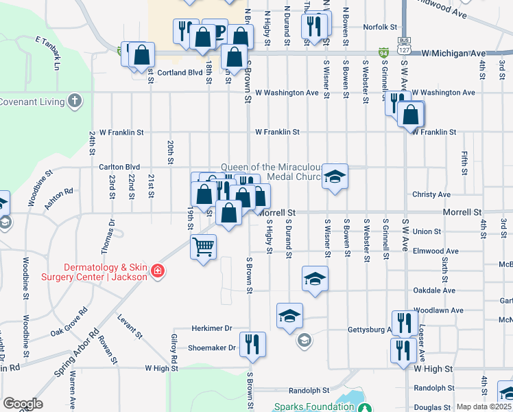 map of restaurants, bars, coffee shops, grocery stores, and more near 1512 West Morrell Street in Jackson