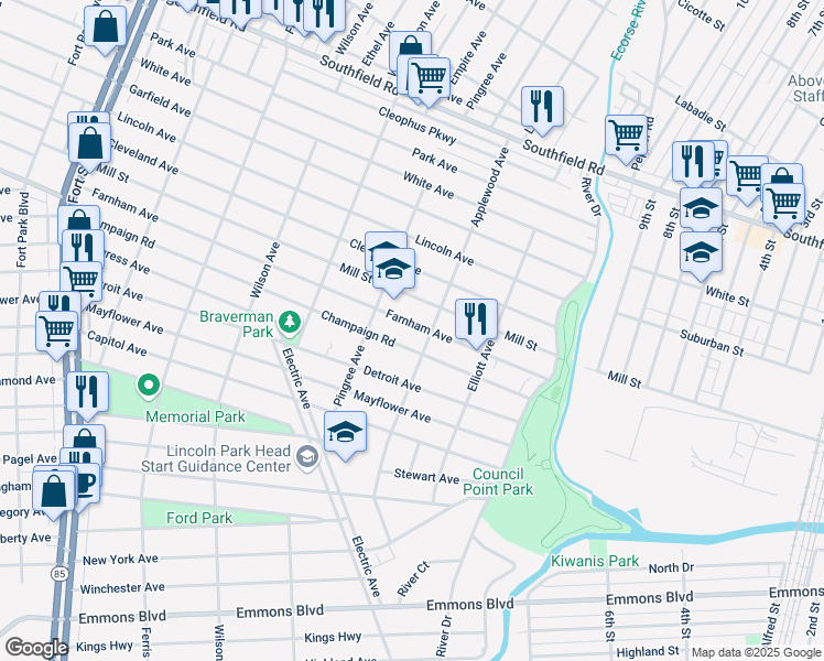 map of restaurants, bars, coffee shops, grocery stores, and more near 647 Champaign Road in Lincoln Park