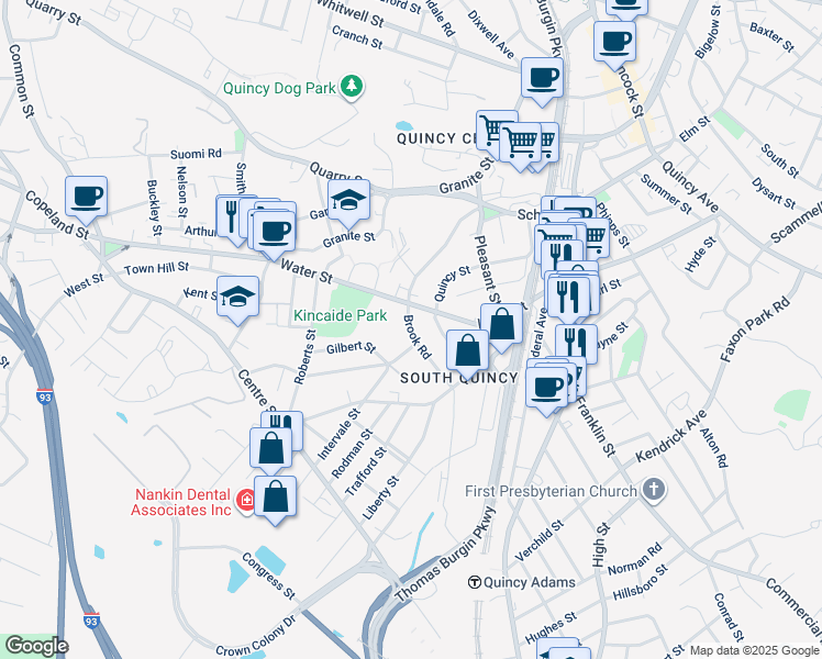 map of restaurants, bars, coffee shops, grocery stores, and more near 7 Intervale Street in Quincy