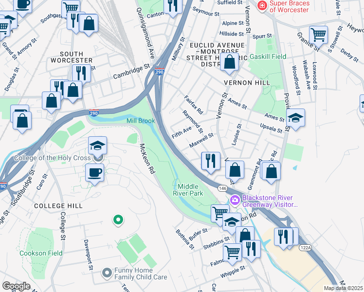 map of restaurants, bars, coffee shops, grocery stores, and more near in Worcester