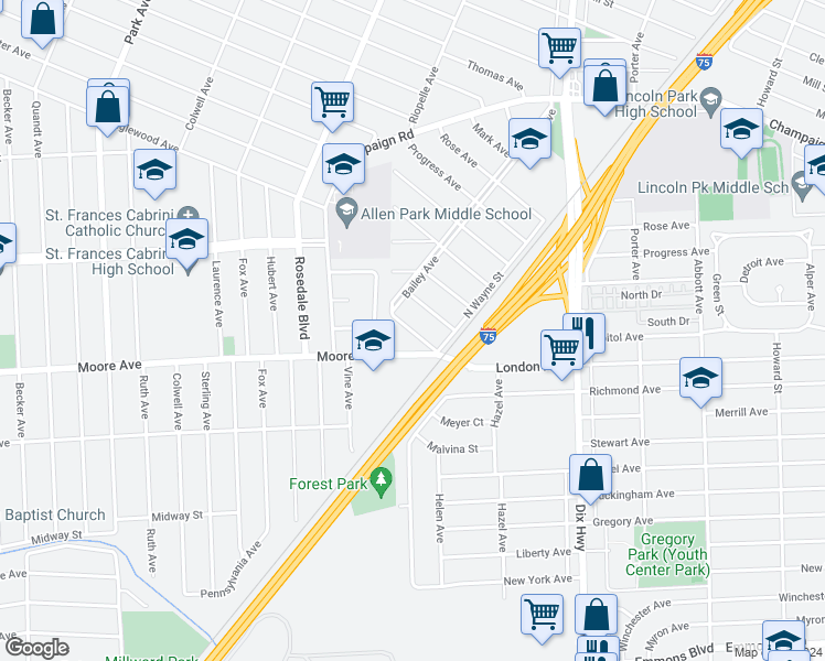 map of restaurants, bars, coffee shops, grocery stores, and more near 2244 Moore Road in Lincoln Park