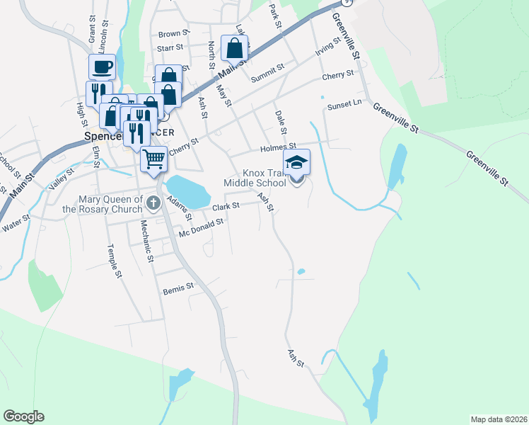 map of restaurants, bars, coffee shops, grocery stores, and more near 5 Clark Terrace in Spencer