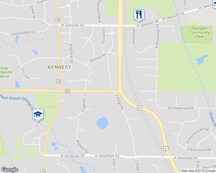 map of restaurants, bars, coffee shops, grocery stores, and more near 34 North Ridge Road in Lake Forest