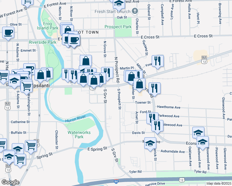 map of restaurants, bars, coffee shops, grocery stores, and more near 10 South Prospect Street in Ypsilanti