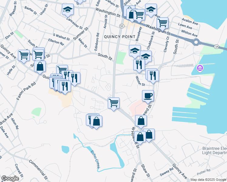 map of restaurants, bars, coffee shops, grocery stores, and more near 370 Quincy Avenue in Quincy