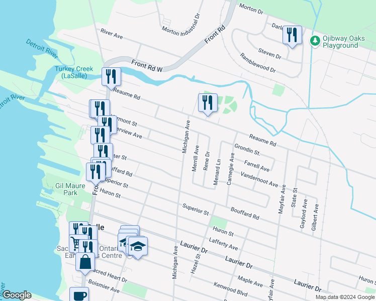 map of restaurants, bars, coffee shops, grocery stores, and more near 540 Michigan Avenue in Windsor