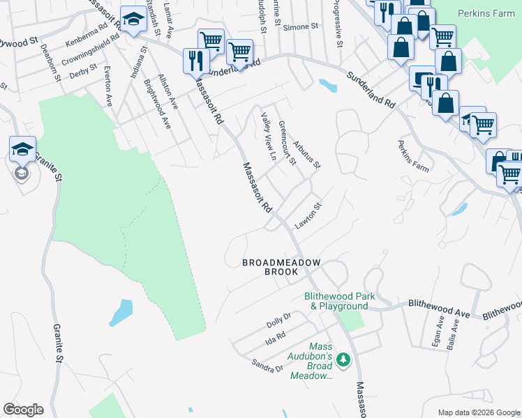 map of restaurants, bars, coffee shops, grocery stores, and more near 2 Vincent Circle in Worcester