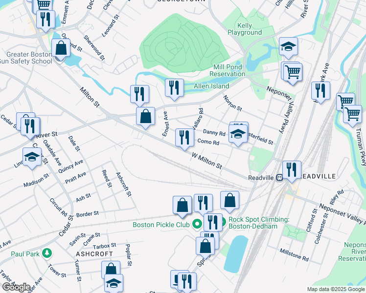 map of restaurants, bars, coffee shops, grocery stores, and more near 27 West Milton Street in Boston