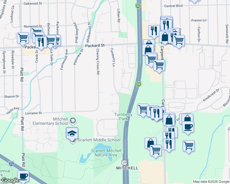 map of restaurants, bars, coffee shops, grocery stores, and more near 3158 Ailsa Craig Court in Ann Arbor