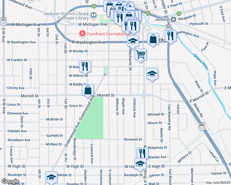 map of restaurants, bars, coffee shops, grocery stores, and more near 139 West Morrell Street in Jackson