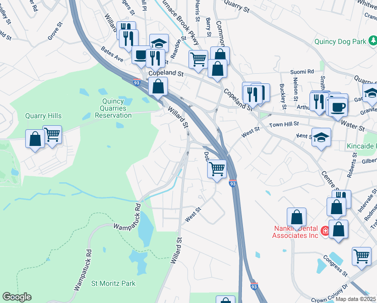map of restaurants, bars, coffee shops, grocery stores, and more near 510 Willard Street in Quincy