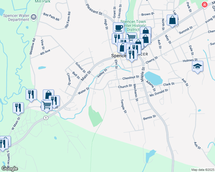 map of restaurants, bars, coffee shops, grocery stores, and more near 6 Earley Street in Spencer