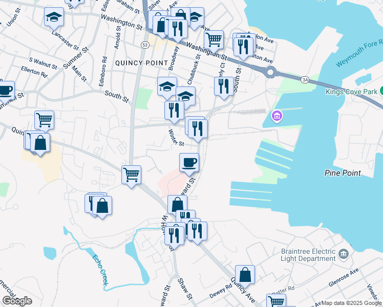 map of restaurants, bars, coffee shops, grocery stores, and more near 114 East Howard Street in Quincy