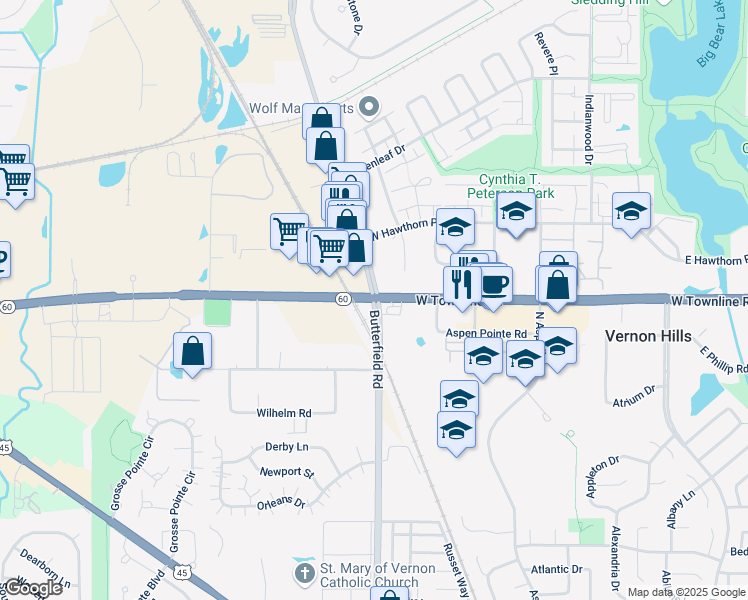 map of restaurants, bars, coffee shops, grocery stores, and more near Townline Rd & Butterfield Rd in Vernon Hills