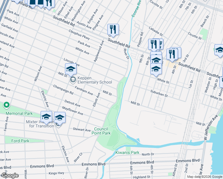 map of restaurants, bars, coffee shops, grocery stores, and more near 418 Mill Street in Lincoln Park