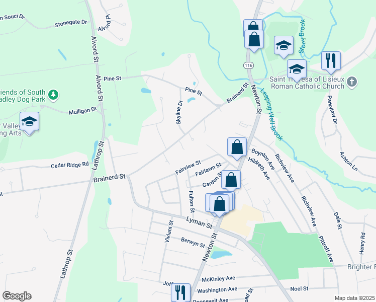 map of restaurants, bars, coffee shops, grocery stores, and more near 41 Fairview Street in South Hadley