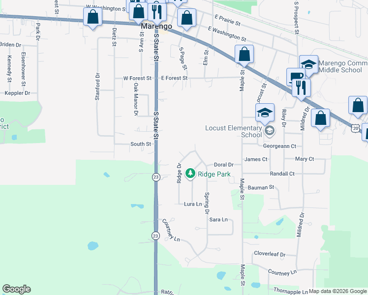 map of restaurants, bars, coffee shops, grocery stores, and more near 1000 Ruth Court in Marengo