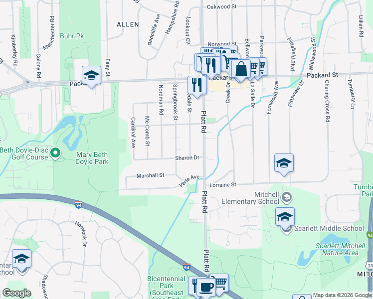 map of restaurants, bars, coffee shops, grocery stores, and more near 3318 Rosedale Street in Ann Arbor