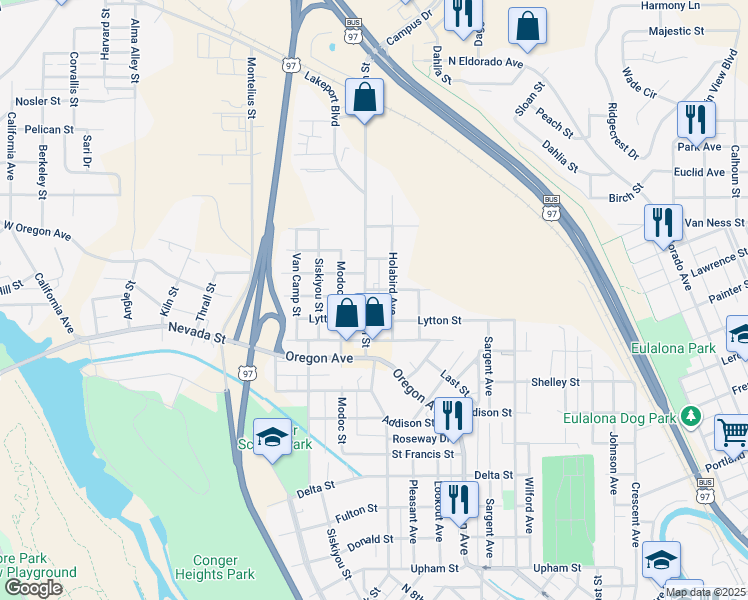 map of restaurants, bars, coffee shops, grocery stores, and more near 2105 Biehn Street in Klamath Falls
