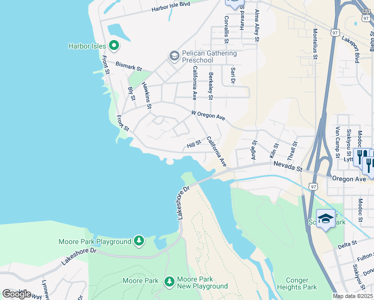 map of restaurants, bars, coffee shops, grocery stores, and more near 811 Hill Street in Klamath Falls