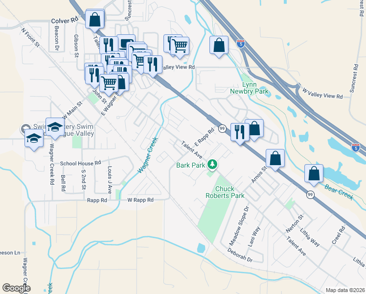 map of restaurants, bars, coffee shops, grocery stores, and more near 46 Logan Way in Talent