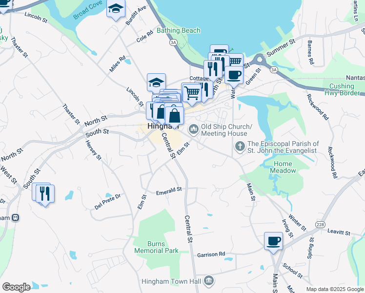map of restaurants, bars, coffee shops, grocery stores, and more near 15 Elm Street in Hingham