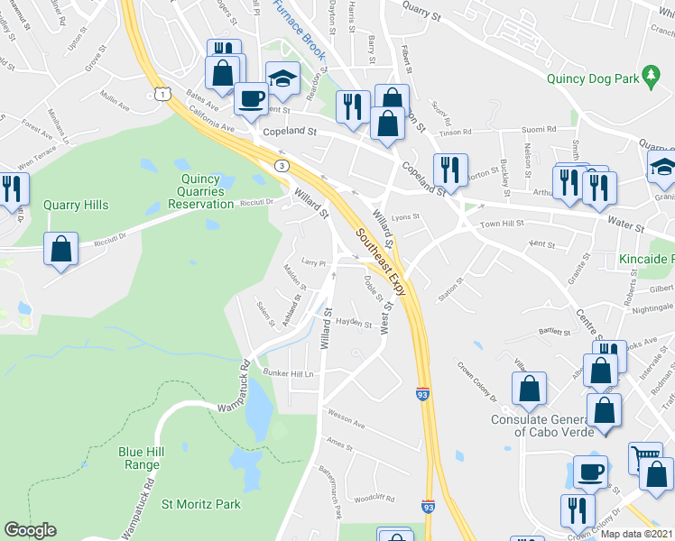 map of restaurants, bars, coffee shops, grocery stores, and more near 510 Willard Street in Quincy