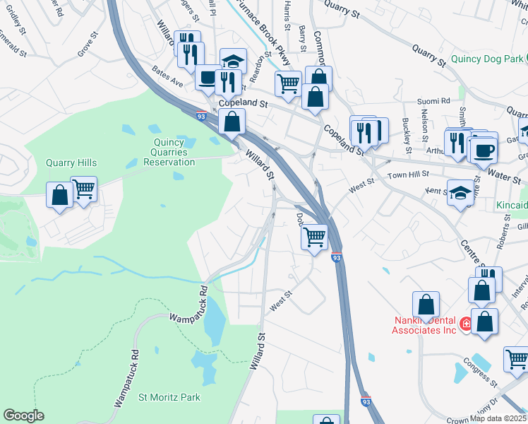 map of restaurants, bars, coffee shops, grocery stores, and more near 510 Willard Street in Quincy