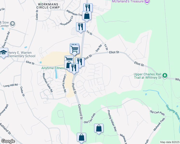 map of restaurants, bars, coffee shops, grocery stores, and more near 65 Spyglass Hill Drive in Ashland