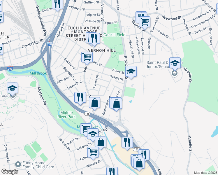 map of restaurants, bars, coffee shops, grocery stores, and more near 50 Esther Street in Worcester