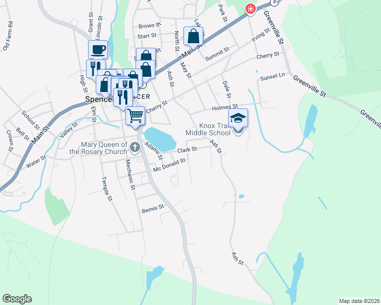 map of restaurants, bars, coffee shops, grocery stores, and more near 8 Salem Street in Spencer