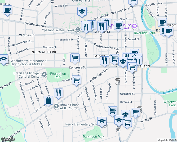 map of restaurants, bars, coffee shops, grocery stores, and more near 18 South Normal Street in Ypsilanti