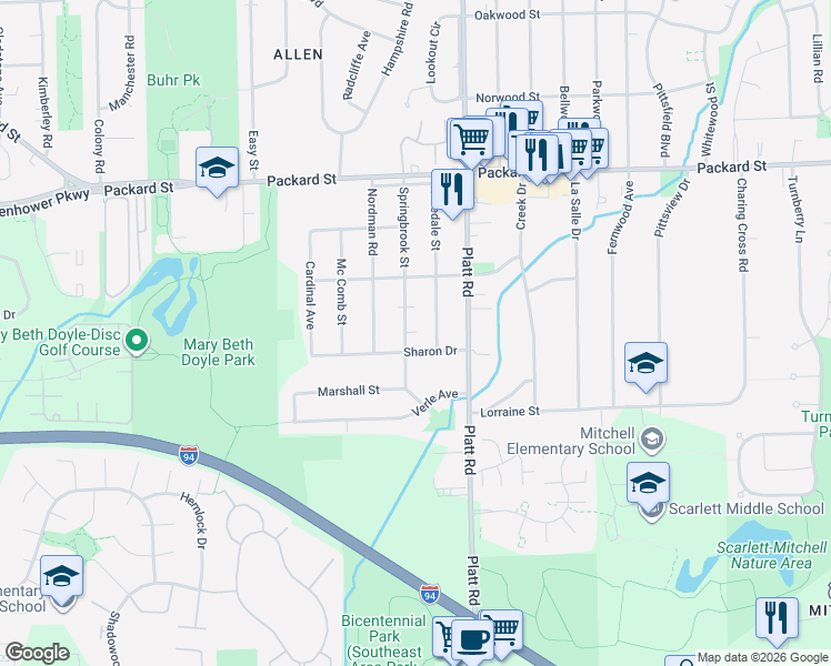 map of restaurants, bars, coffee shops, grocery stores, and more near 3344 Rosedale Street in Ann Arbor