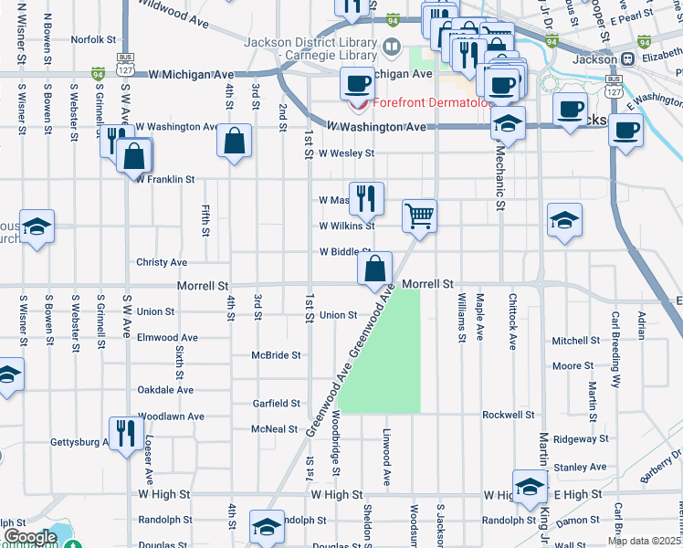 map of restaurants, bars, coffee shops, grocery stores, and more near 339 West Morrell Street in Jackson