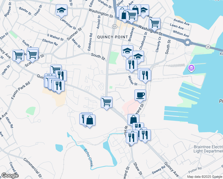 map of restaurants, bars, coffee shops, grocery stores, and more near 1020 Southern Artery in Quincy