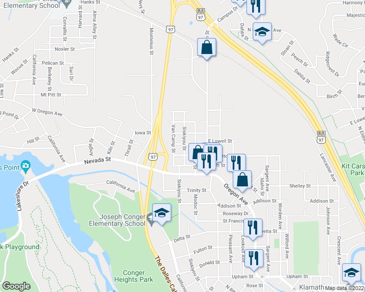map of restaurants, bars, coffee shops, grocery stores, and more near 220 East Lowell Street in Klamath Falls