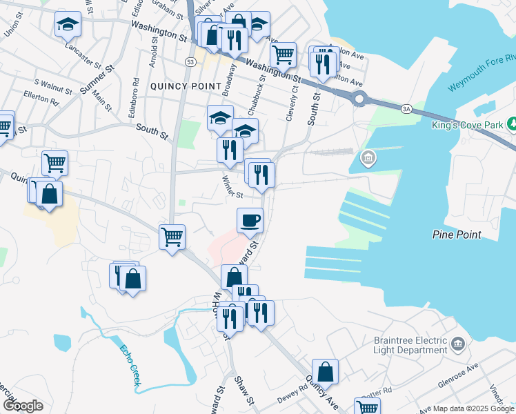 map of restaurants, bars, coffee shops, grocery stores, and more near 86 East Howard Street in Quincy