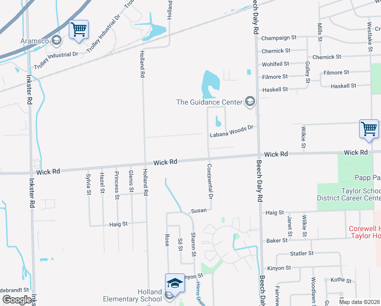 map of restaurants, bars, coffee shops, grocery stores, and more near 26199 Wick Road in Taylor