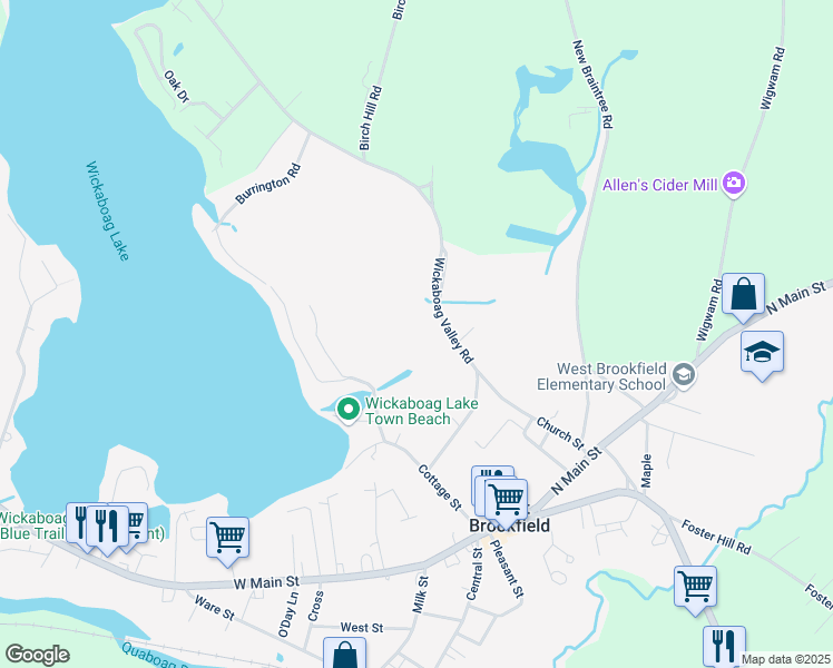 map of restaurants, bars, coffee shops, grocery stores, and more near 10 Wickaboag Valley Road in West Brookfield