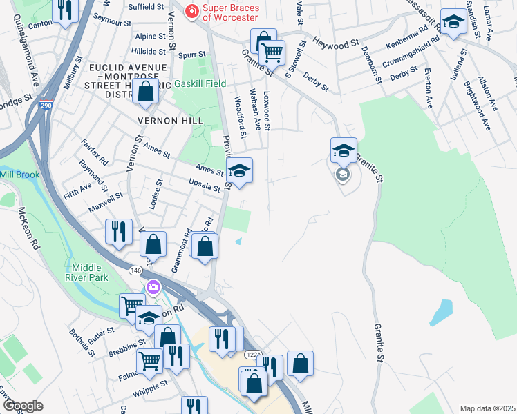 map of restaurants, bars, coffee shops, grocery stores, and more near 211 Providence Street in Worcester