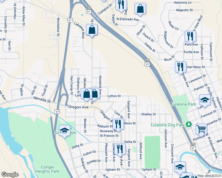 map of restaurants, bars, coffee shops, grocery stores, and more near 720 East Lowell Street in Klamath Falls