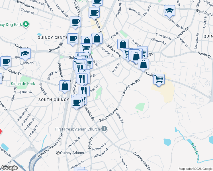 map of restaurants, bars, coffee shops, grocery stores, and more near 144 Phipps Street in Quincy