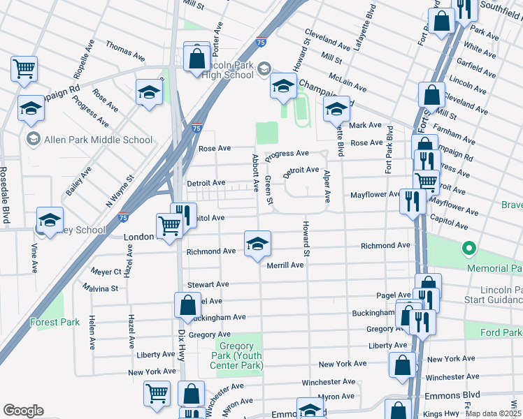 map of restaurants, bars, coffee shops, grocery stores, and more near 1705 Capitol Avenue in Lincoln Park