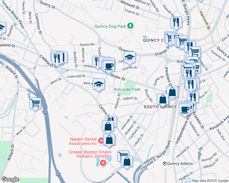 map of restaurants, bars, coffee shops, grocery stores, and more near 44 Grossman Street in Quincy