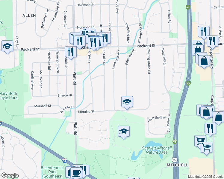 map of restaurants, bars, coffee shops, grocery stores, and more near 3395 La Salle Drive in Ann Arbor