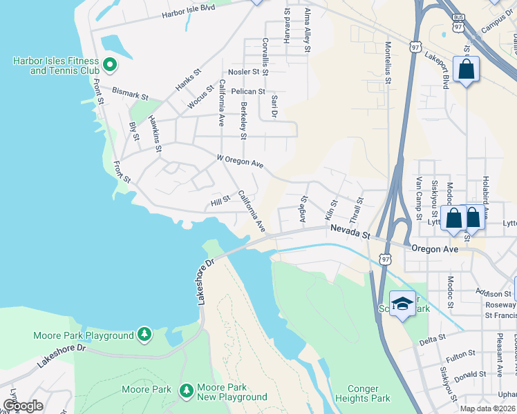 map of restaurants, bars, coffee shops, grocery stores, and more near 2150 Harvard Street in Klamath Falls