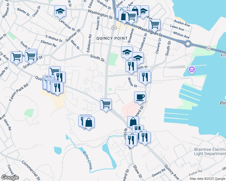 map of restaurants, bars, coffee shops, grocery stores, and more near 1092 Southern Artery in Quincy